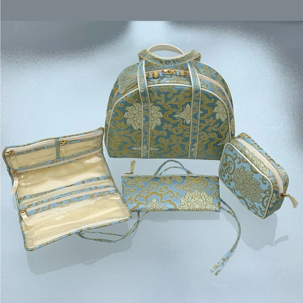Light Blue and Gold Satin Fabric 4-Piece Cosmetic Bag Set